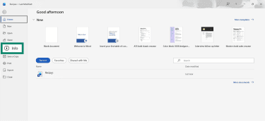 The Microsoft Word File options, emphasizing the Info option.