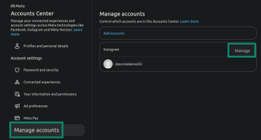 "Manage accounts" options highlighted in the Accounts Center.