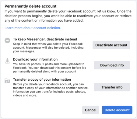 Pagina om Facebook-account te verwijderen.