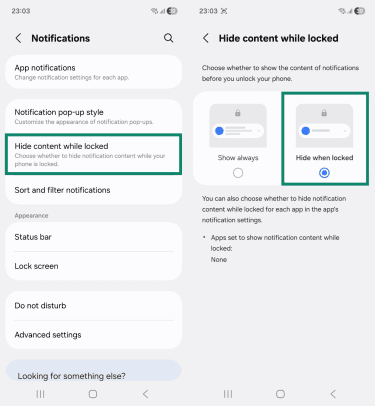 Two Android screenshots side by side showing the "Notifications" and "Hide content while locked" pages. The "Hide content while locked" and "Hide when locked" options are highlighted.