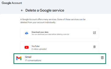 Gmail option under Delete a Google service.
