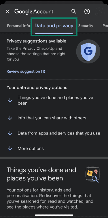 Data and privacy option in the Google Account options on iOS.