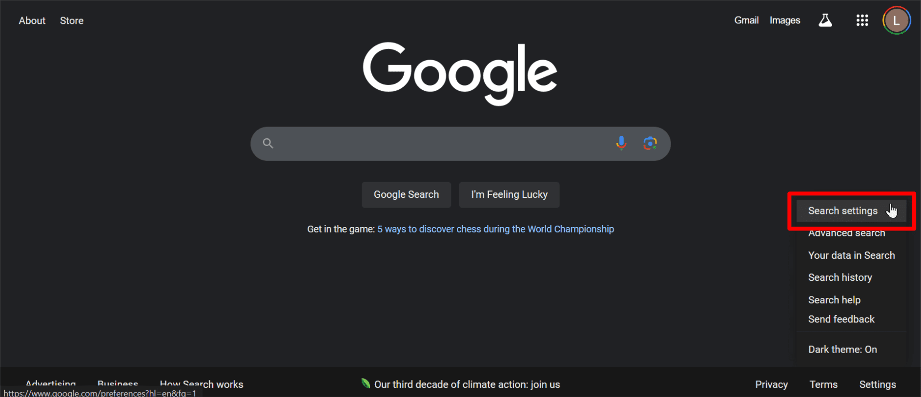 Paramètres de recherche Google sélectionnés.
