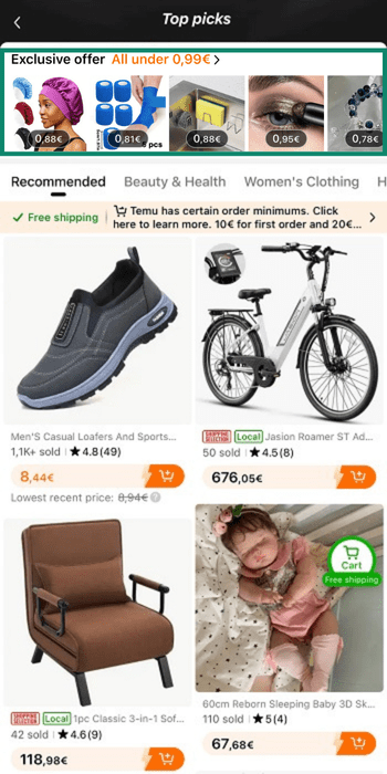 Temu app display showing products priced under 1 euro in the exclusive offer section.