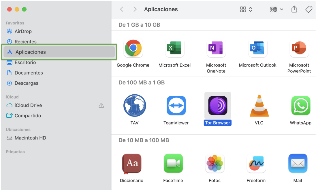 El navegador Tor aparece en la carpeta Aplicaciones en macOS.
