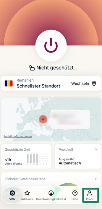 ExpressVPN home screen showing disconnected status and Profile tab.