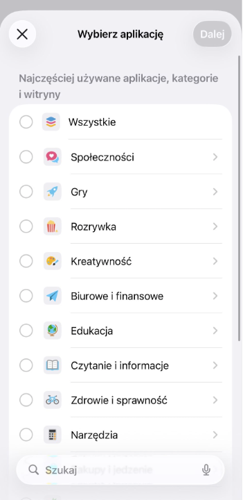 App category selection screen for setting daily limits.