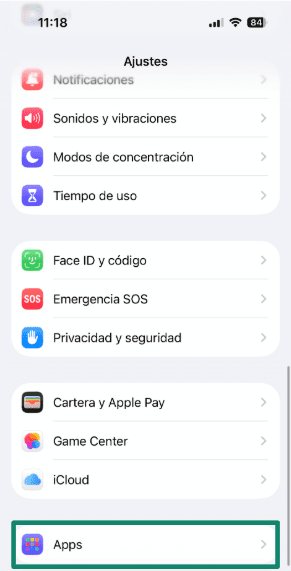 iOS Settings screen showing the Apps section for checking installed applications.