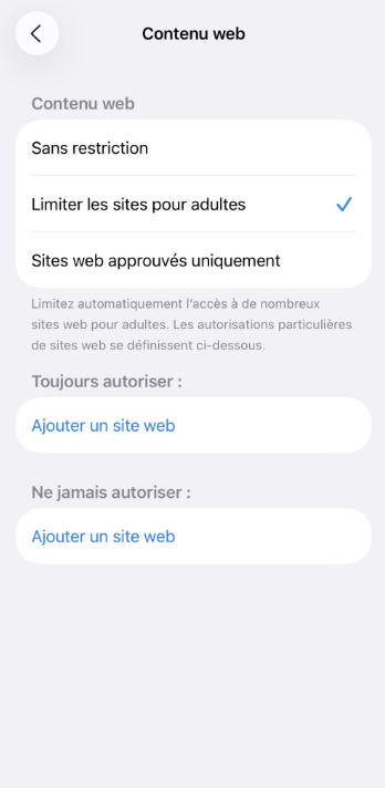 iPhone screen showing how to restrict websites.