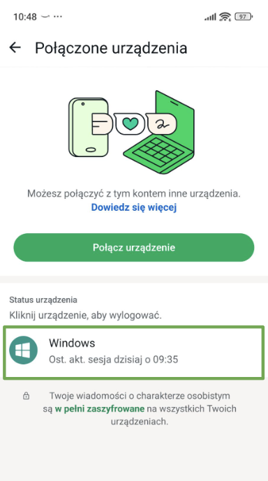 Linked devices page highlighting a connected device.