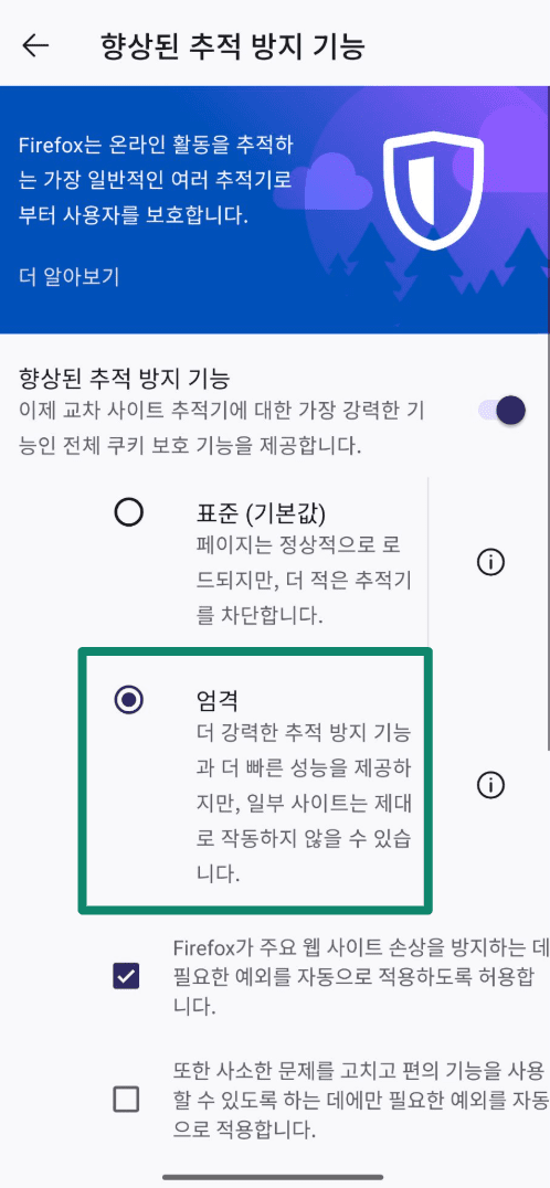 Enhanced Tracking Protection settings in Firefox set to Strict.