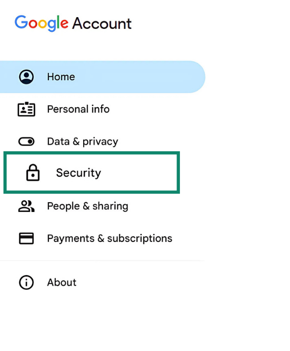 Screen of the Google Account side bar with the "Security" section highlighted.
