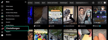 Screenshot showing how to access the settings menu in TikTok's desktop website