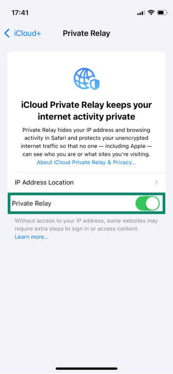 The iCloud Private Relay settings page on an iPhone, showing the option to toggle Private Relay on or off.