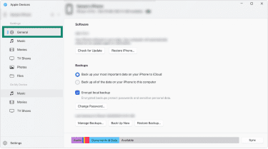Windows' Apple Devices app interface, showing a connected iPhone.