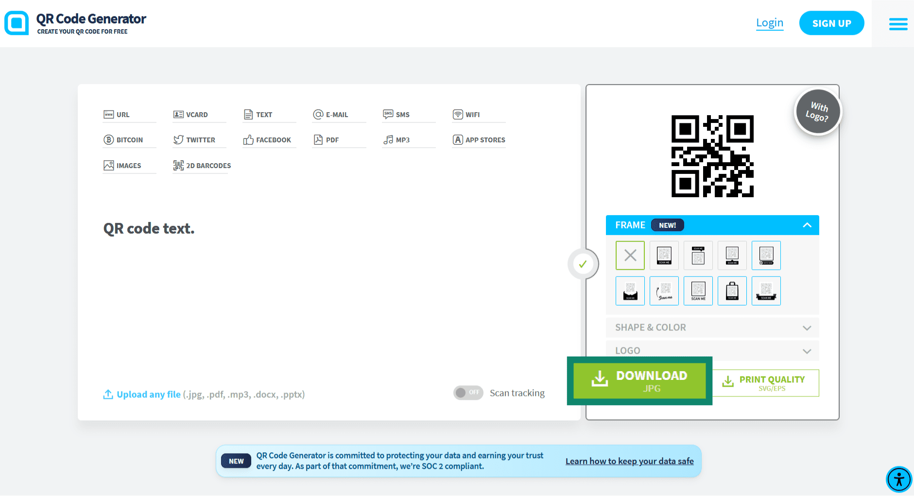 A screenshot showing a QR code generator tool in action, with the Download button highlighted.
