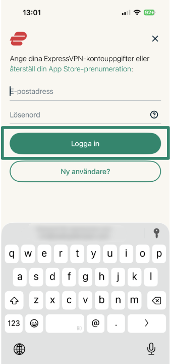 Logging into ExpressVPN using email address and password.