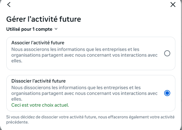 Facebook manage future activity settings.