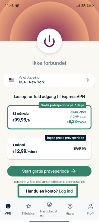 Indlogning i ExpressVPN på Android.