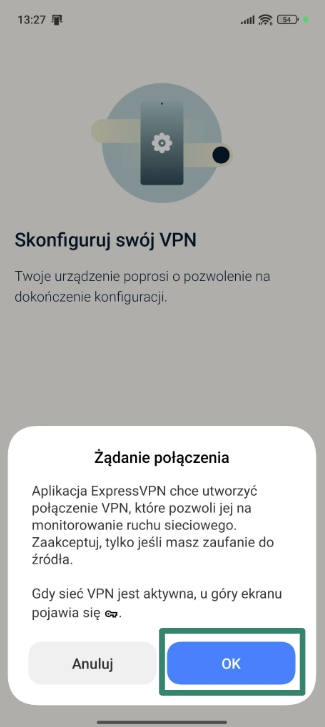 Allowing ExpressVPN to set up VPN connections on Android.