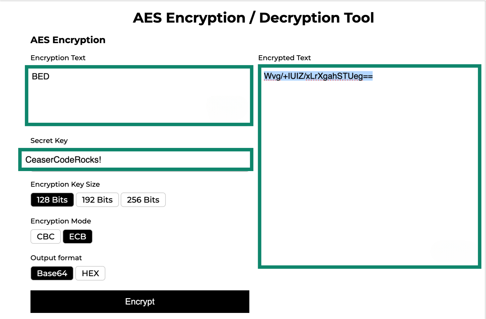 AES 128-bit encryption demonstration.