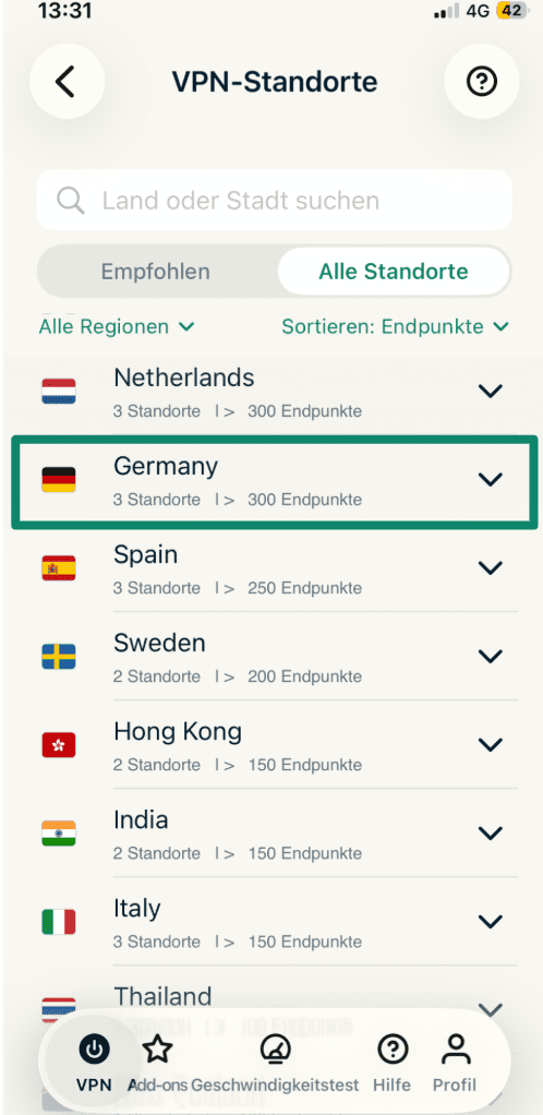 ExpressVPN's server select menu