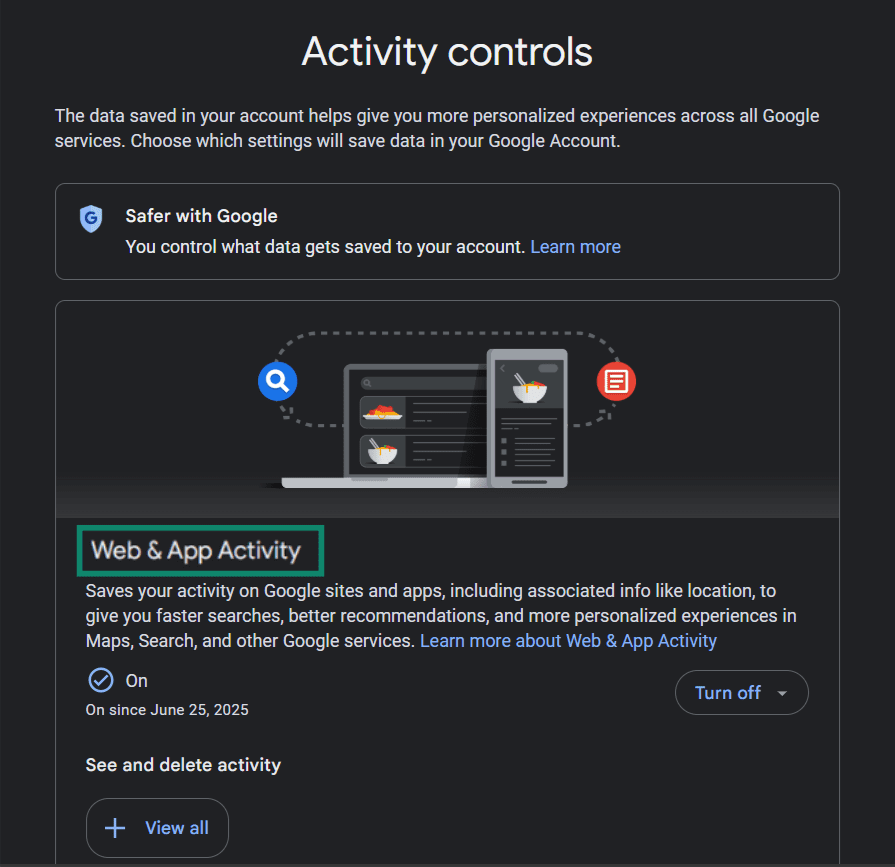 My Google Activity open to the Web & App Activity options.