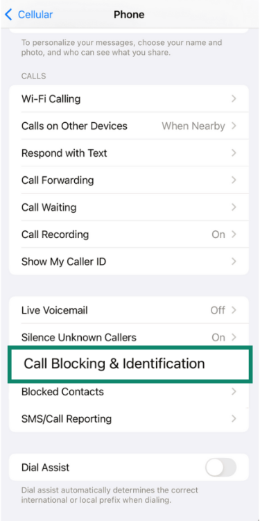 iPhone phone settings with the “Call Blocking & Identification” option highlighted.