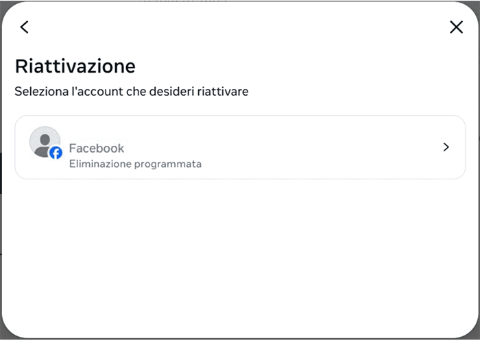 Facebook screen for selecting an additional profile to reactivate.