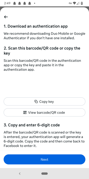 A choice between linking the 2FA app to the account using either an alphanumeric code or a QR code.