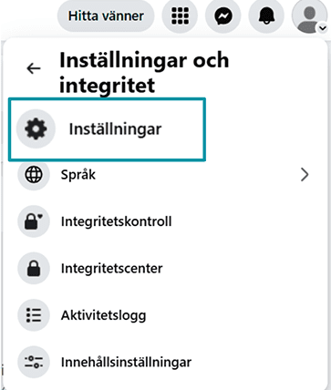 Facebook Settings & Privacy with Settings highlighted.