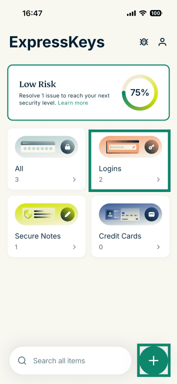 ExpressKey's main interface on iOS, with the "Logins" and the "+" options highlighted.