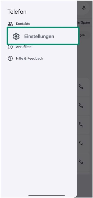 Android phone options menu with the “Settings” button highlighted.