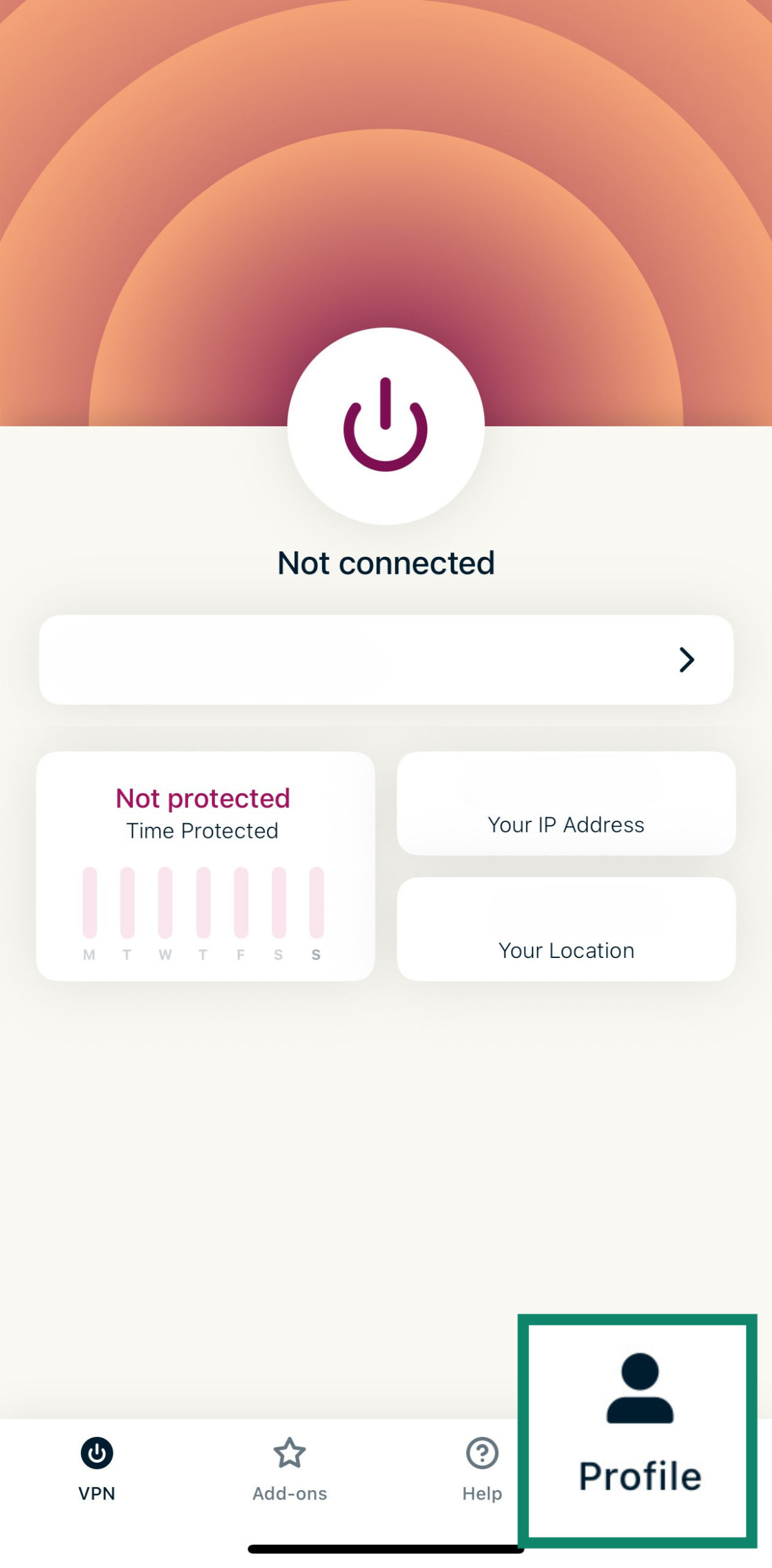 ExpressVPN home screen showing disconnected status and Profile tab.