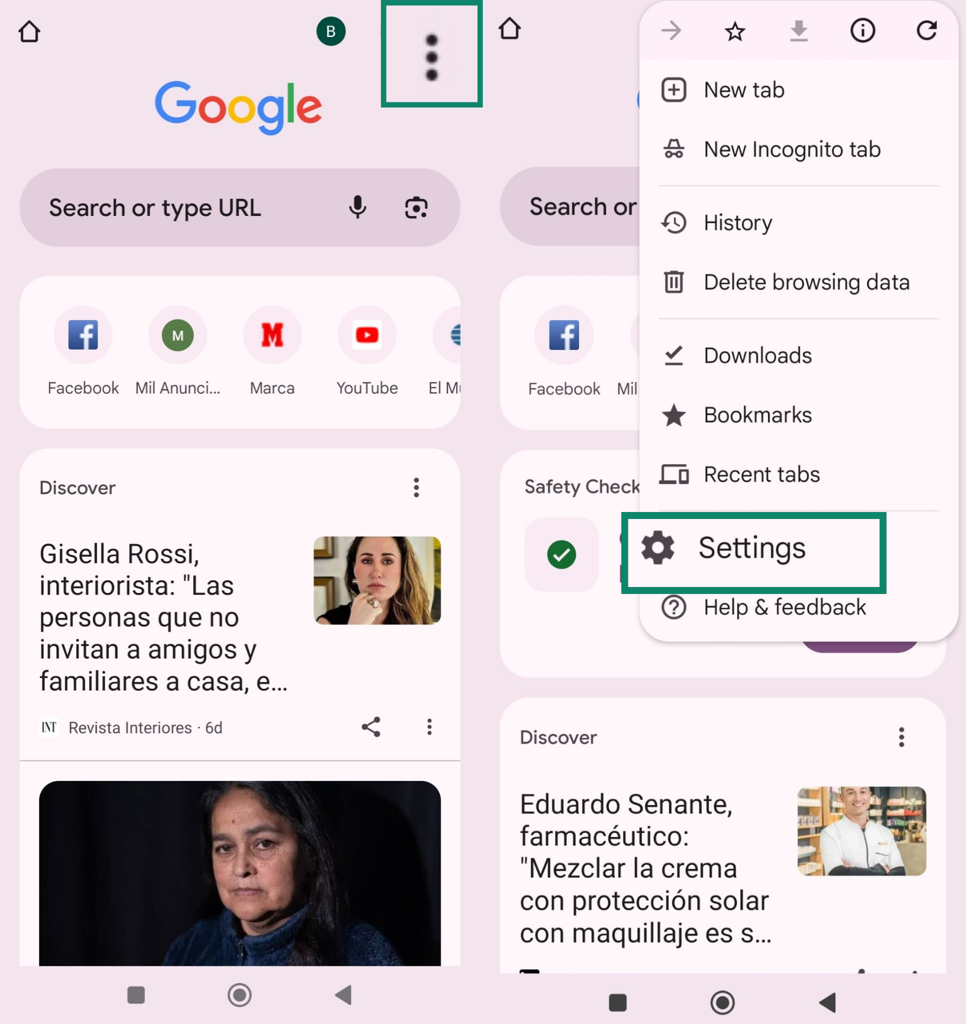 Accessing Chrome settings from the three-dot menu on Android