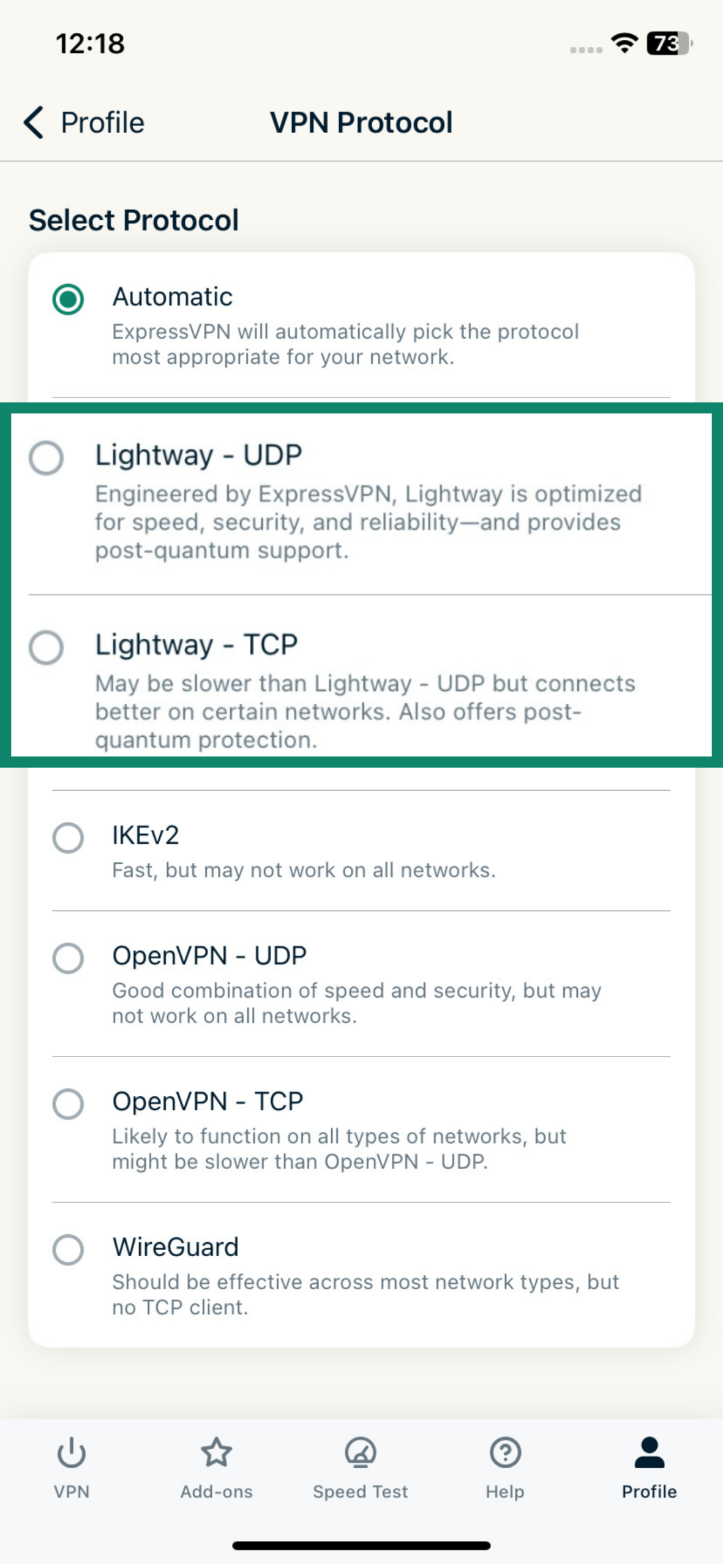 ExpressVPN app screen with Lightway UDP and Lightway TCP highlighted