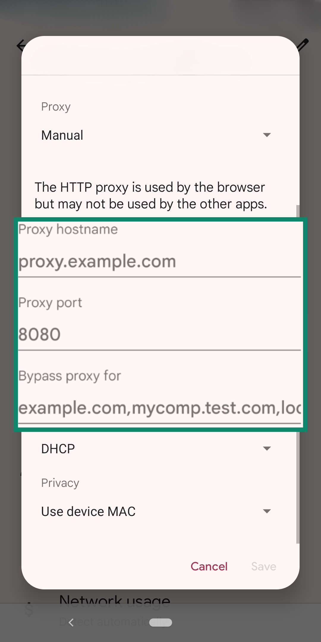 The Android proxy menu with a large outline of the proxy details box.