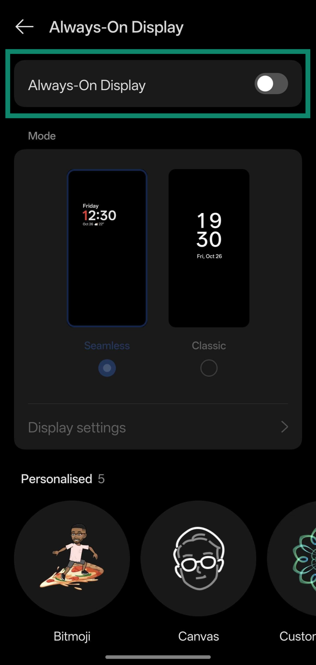 Screenshot showing how to enable the Always-On Display on a OnePlus device