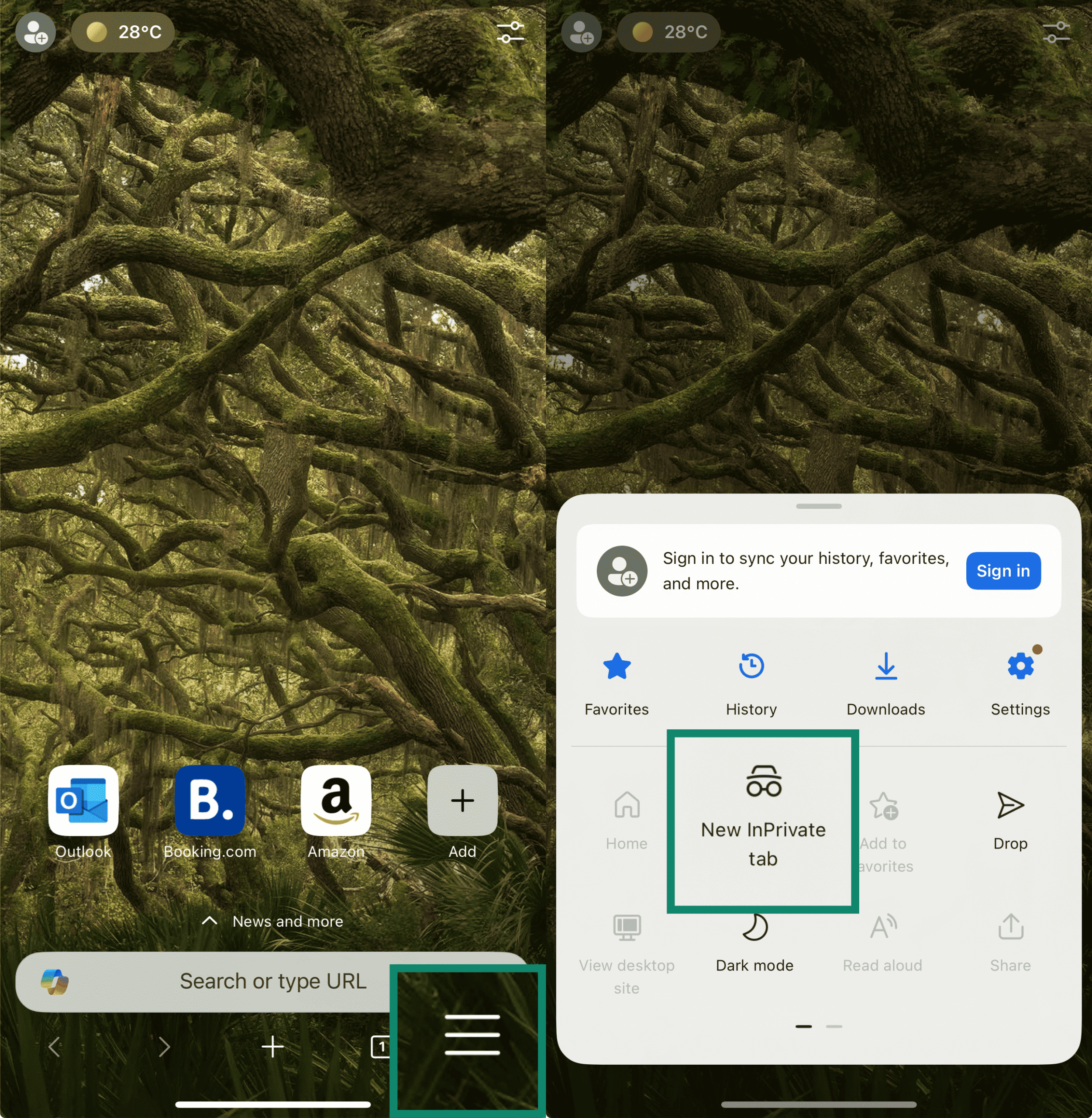 Two side-by-side screenshots of the Microsoft Edge app on mobile. The left screenshot highlights the tabs icon at the bottom of the screen. The right screenshot shows the 