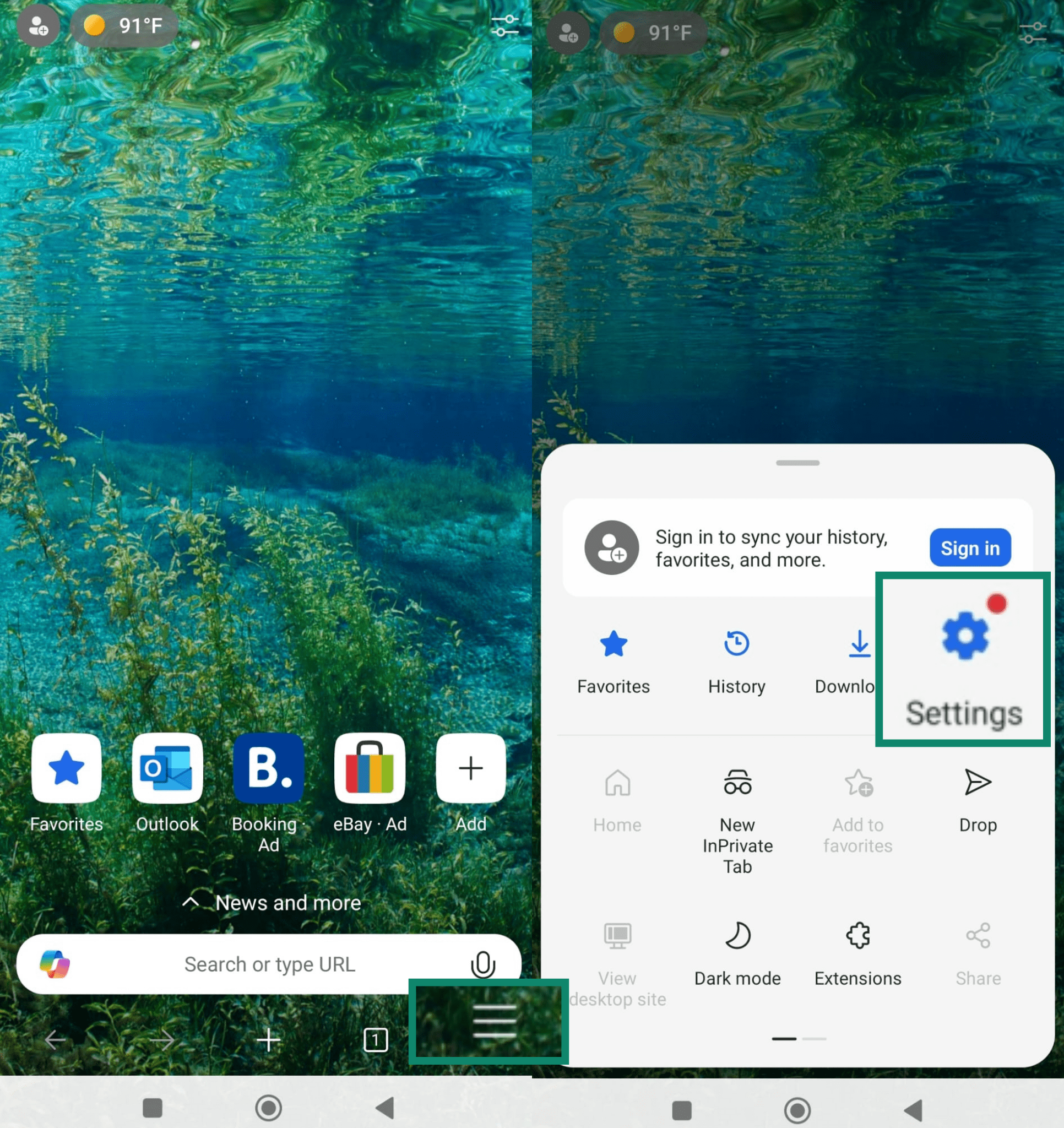 Opening Edge settings from the menu on Android