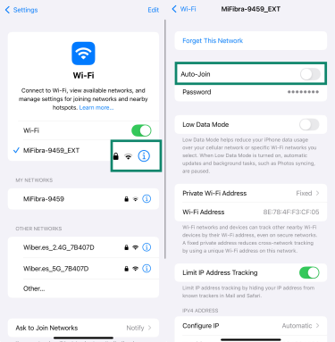iPhone Wi-Fi settings showing Auto-Join option for network.