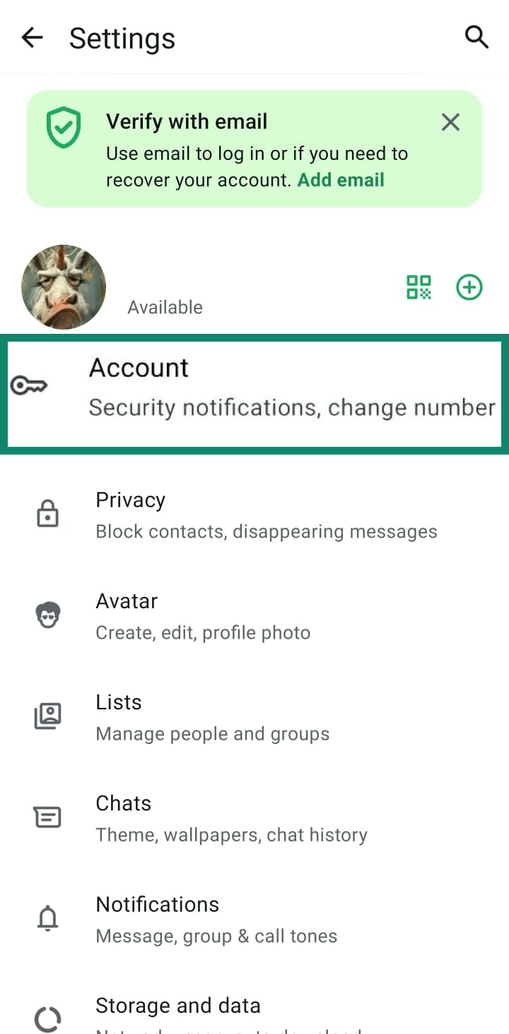 The WhatsApp Settings screen with the 'Account' menu option highlighted.