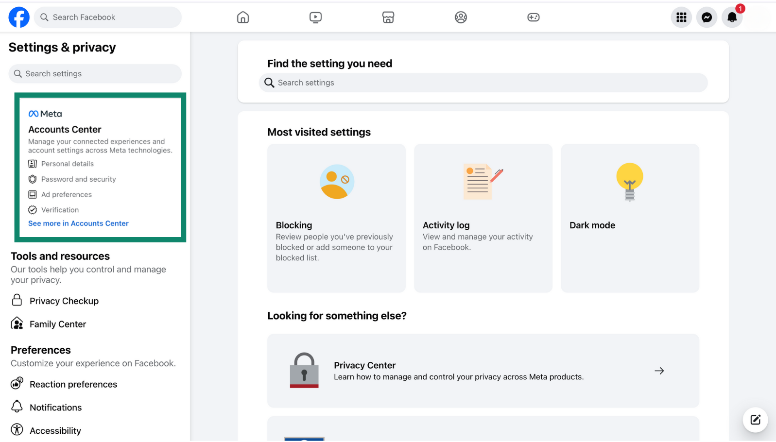 Settings & privacy panel showing Accounts Center highlighted in the left menu.