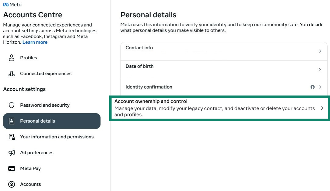 Facebook Accounts Centre Personal details tab with Account ownership and control highlighted.