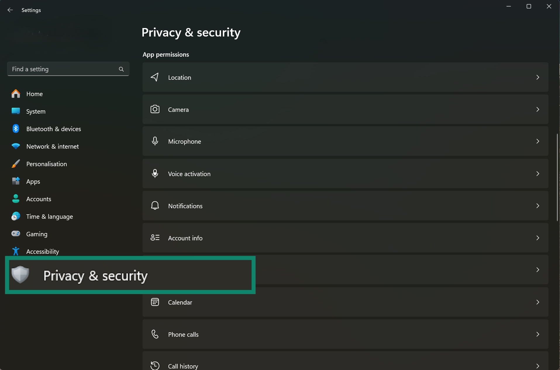 Image showing Windows Privacy & Security setting.