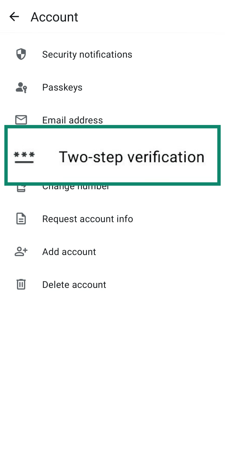 The WhatsApp Account settings menu, with the 'Two-step verification' option highlighted.
