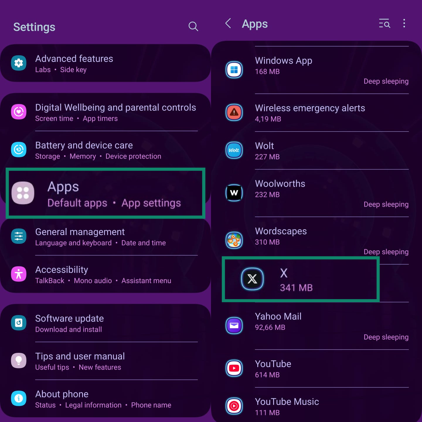 Two side-by-side screenshots of an Android settings menu. The first shows the main settings with the "Apps" option selected, and the second shows the "X" app selected from the list of applications.