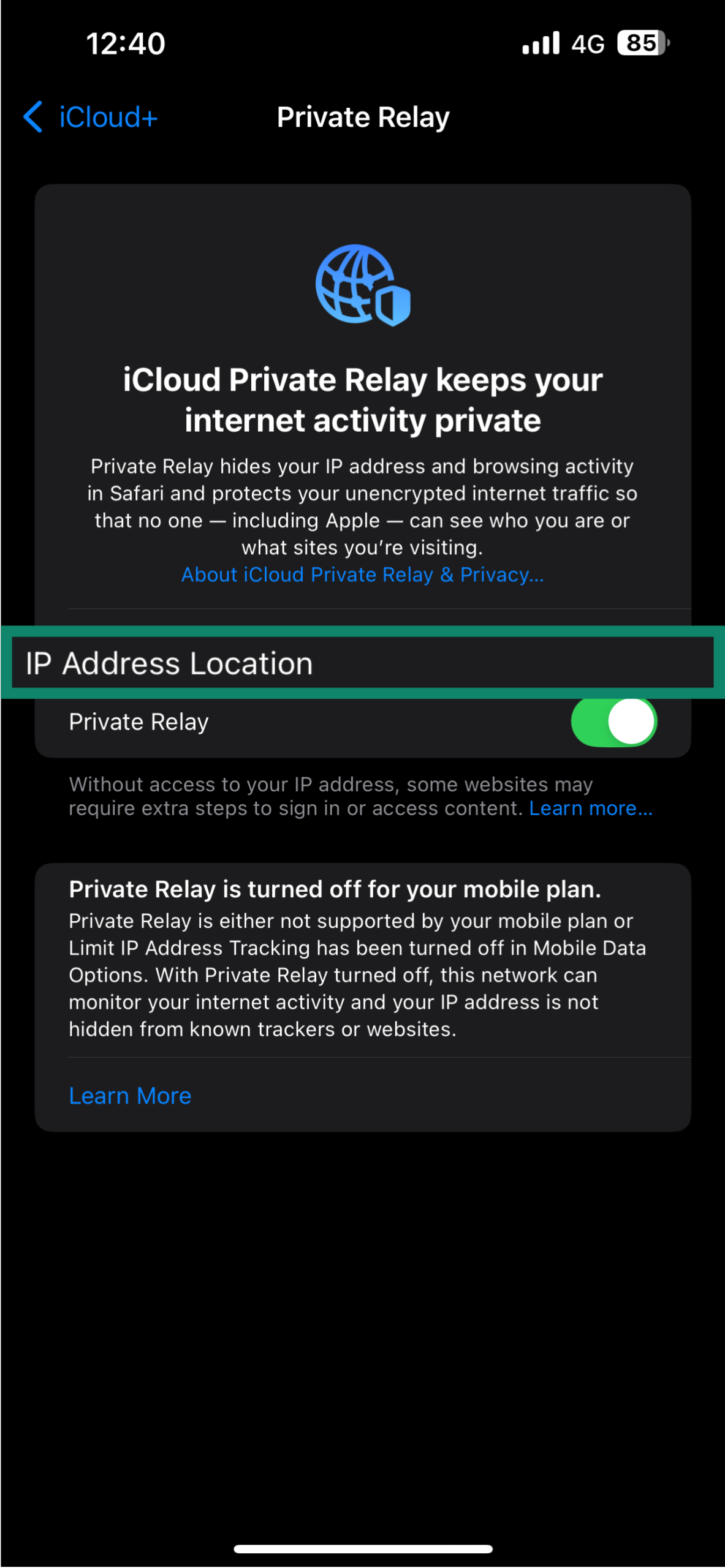 Private Relay settings menu, showing the IP Address Location option.
