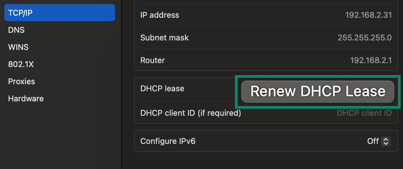 Image showing the Renew DHCP Lease option in Mac settings.