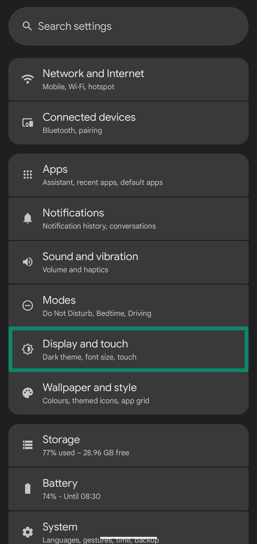 Accessing the Display and touch settings through a Pixel's settings menu